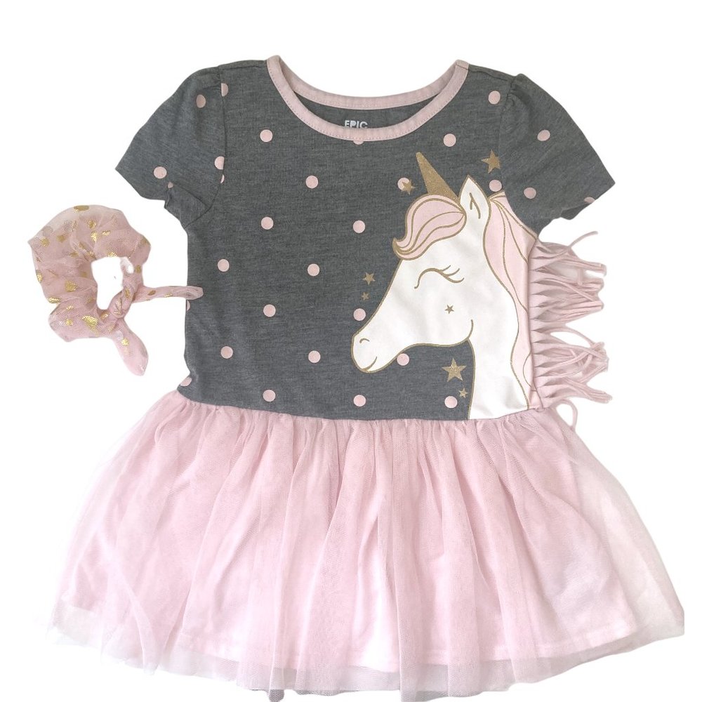 White Pink & Grey Unicorn Tutu Dress 2T plus pink/gold hair tie